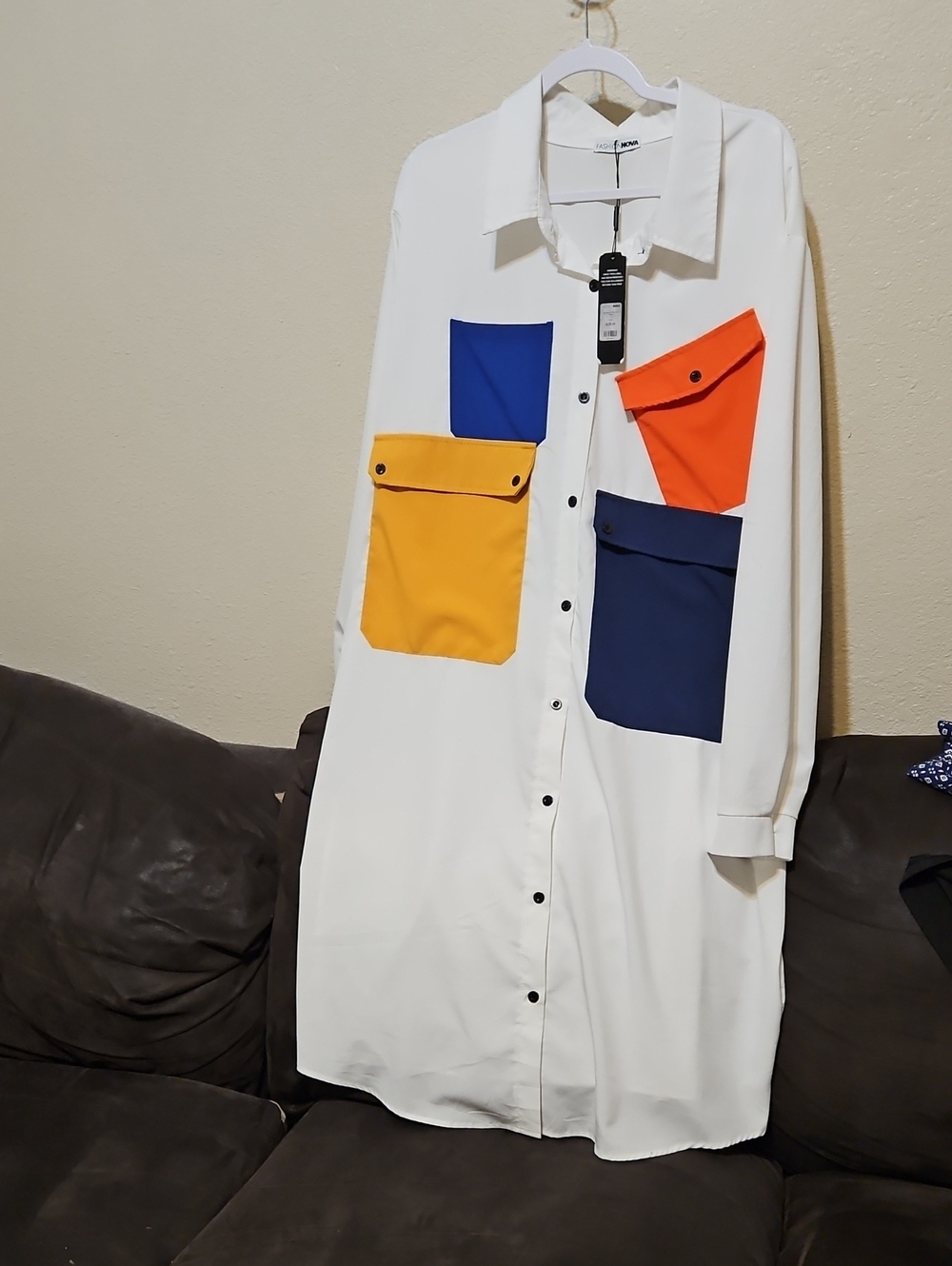 Fashion Nova White Midi Shirt Dress with Blue, Orange & Yellow Patch Pockets